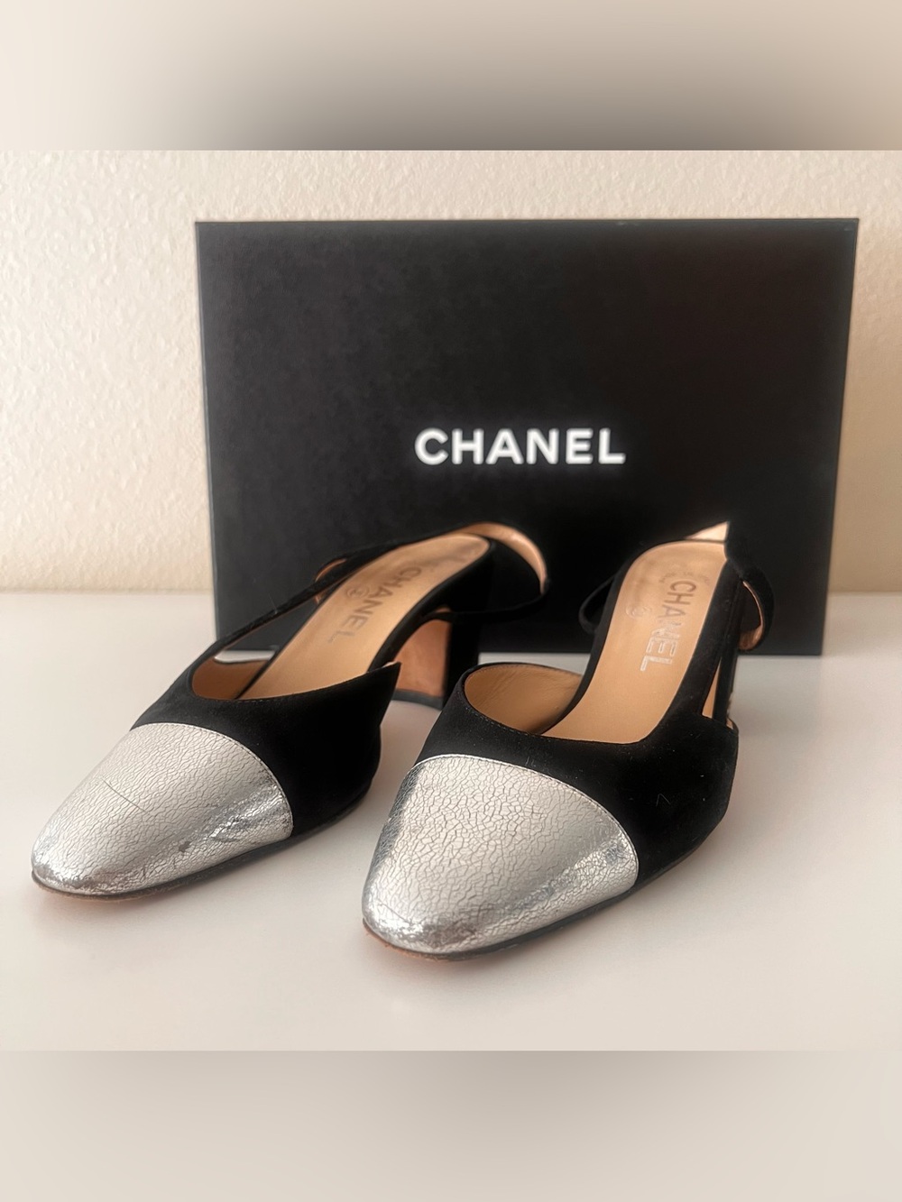 CHANEL 17C Black Suede Silver Cap Toe Slingback Heels Size 36 w/ Box